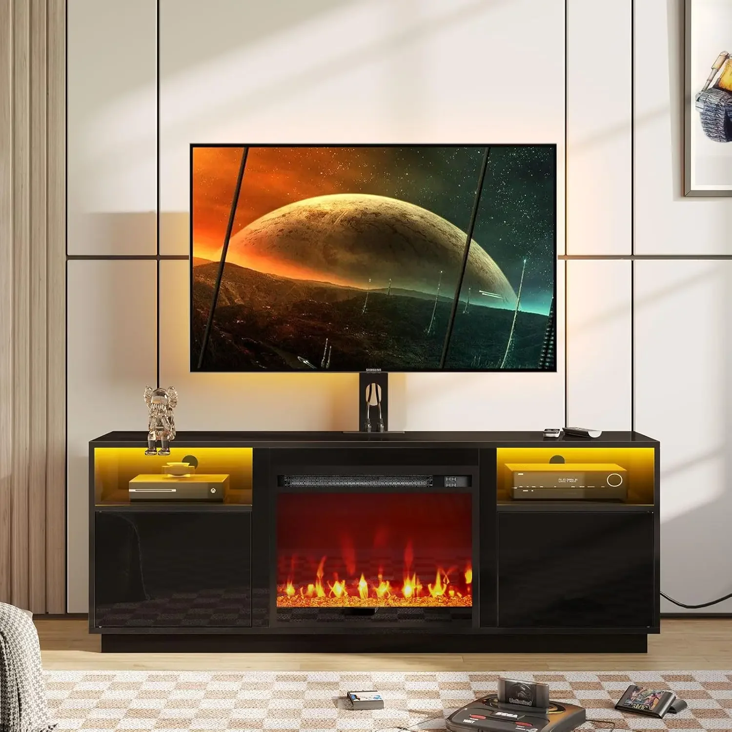 Kamin-TV-Ständer mit LED-Leuchten und Steckdosen, Entertainment-Center mit elektrischem Kamin, drehbarer TV-Ständer