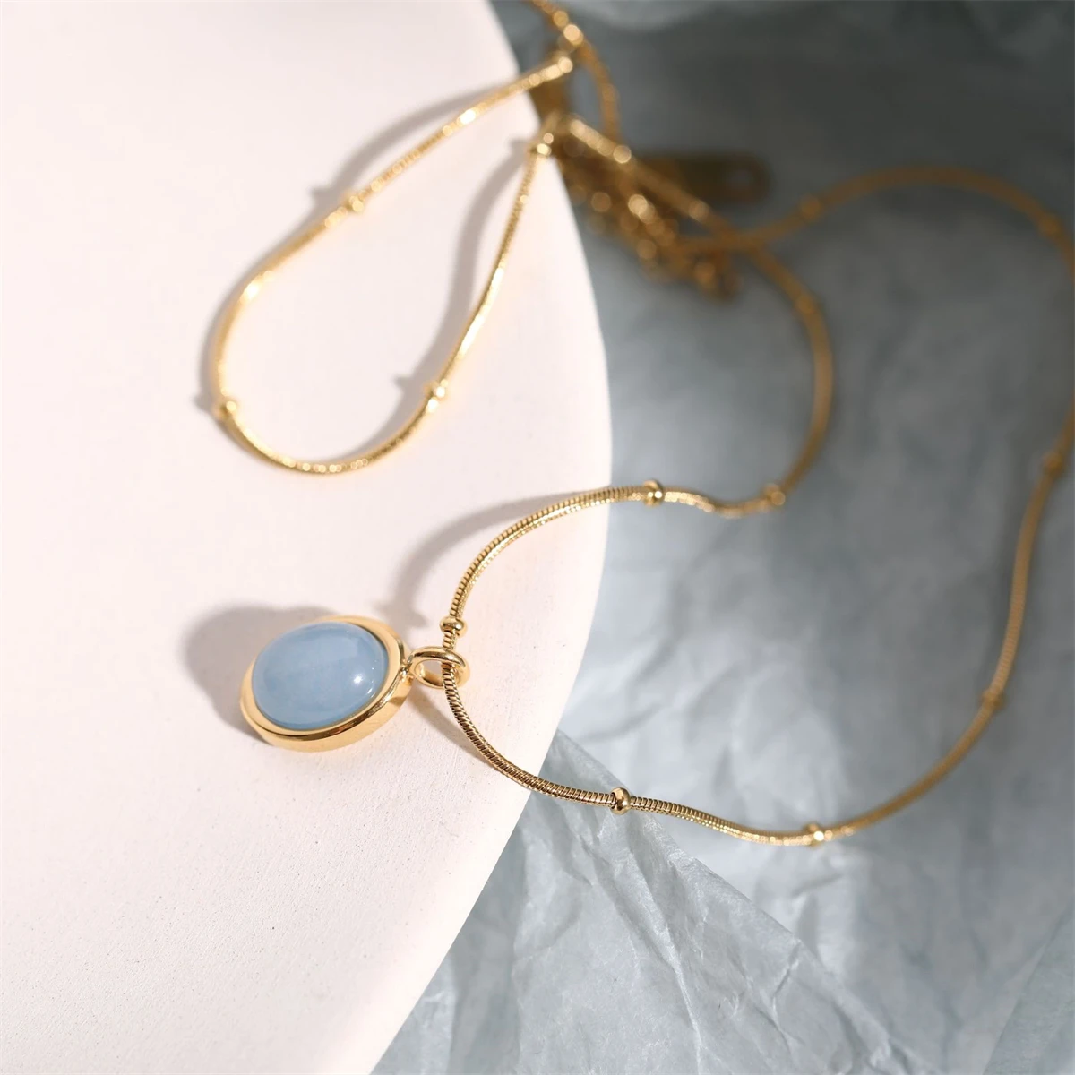 Spot Star Ocean~Stone Blue Oval Sea Blue Treasure Necklace with Color Protection Plating 18K Gold Lock Bone Chain