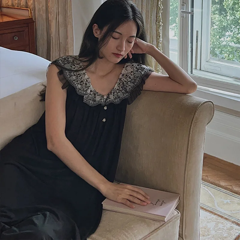 

Кружевная модальная свободная ночная сорочка телесного цвета, приятная к телу, мягкая, в стиле французского шика, элегантная, для сна, женская, летняя