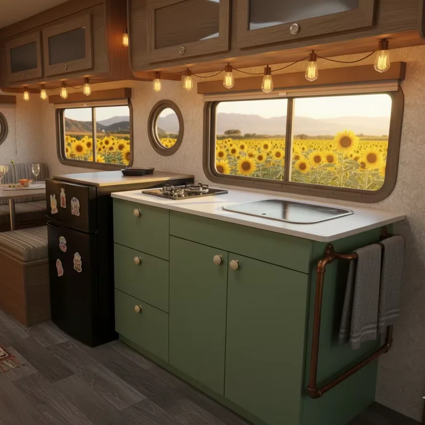 Lightweight Motorhome Kitchen Cabinet With Stainless Sink and Integrated Gas Hob
