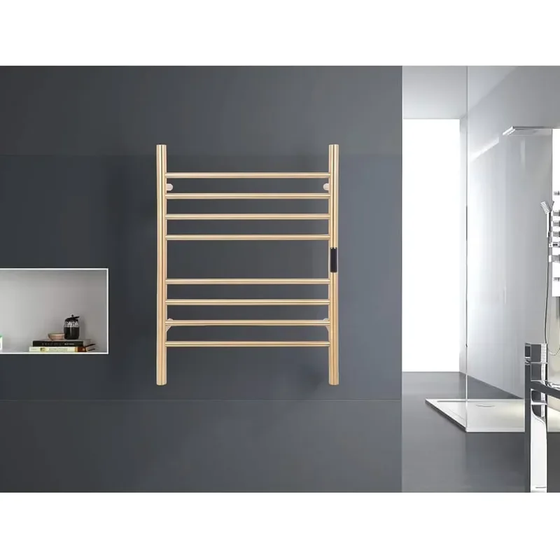8-Bar Wall-Mounted Electric Heated Brushed Gold Towel Rack with Temperature & Timer Control for Bathroom Application