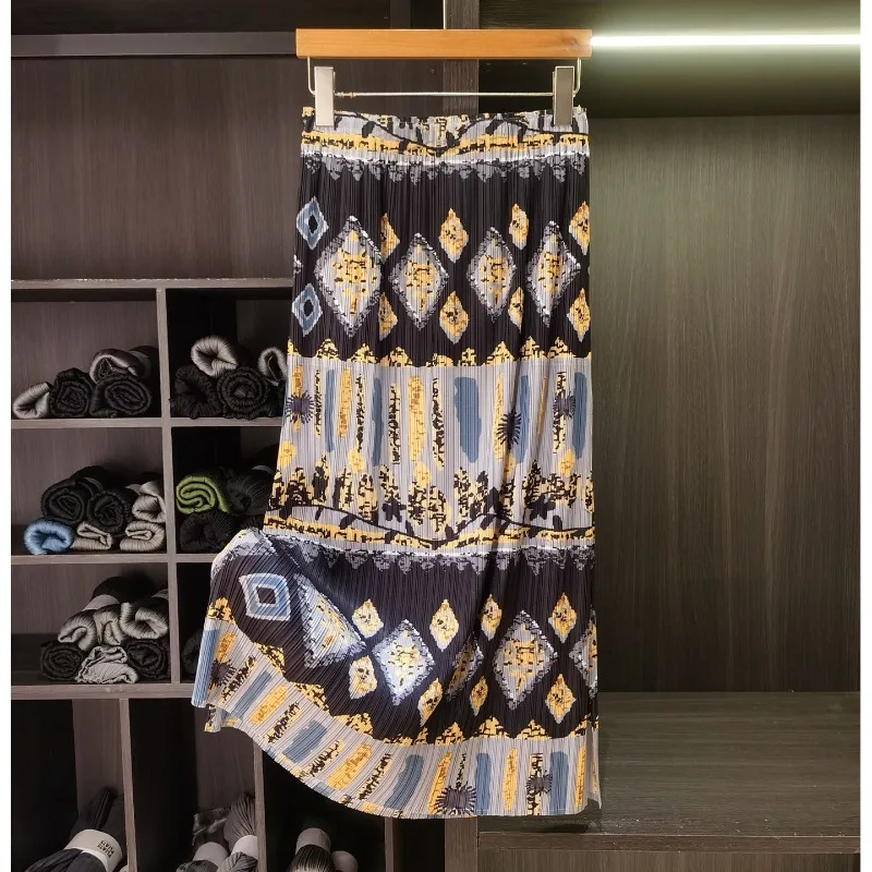 Miyake Pleated Printed Skirt 2026 Summer New Simple Fashion Elegant Side Slit Straight Elastic Draped Women's Skirt with Pockets