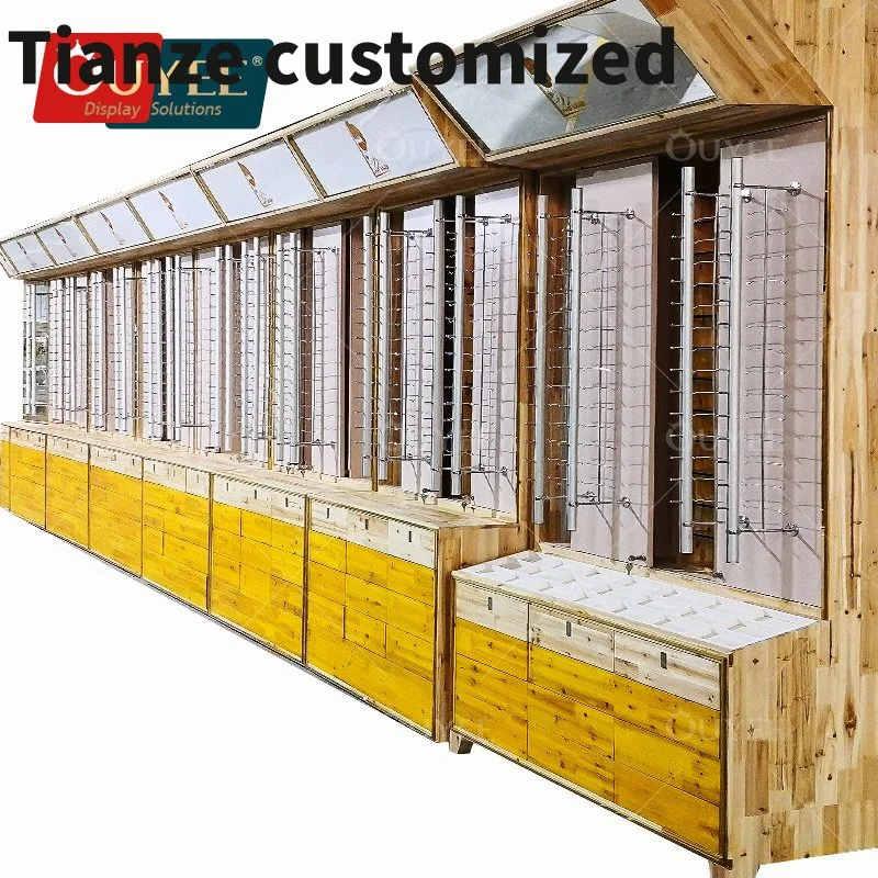 Customized-Shop Design Wood Optical Frame Display Lockable Eyewear Display Rods Optical Shop Stand Wall Mounted Eyewear Showcase