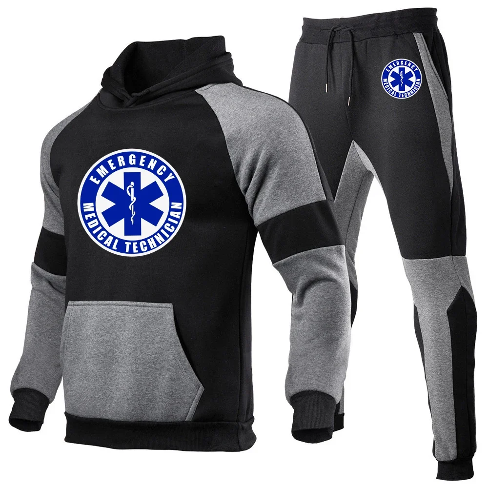 EMT Paramedic Emergency Medical 2023 New Men\'s Sportswear 2-piece sets Street Fashion fallow splice hoodie +trousers Suits