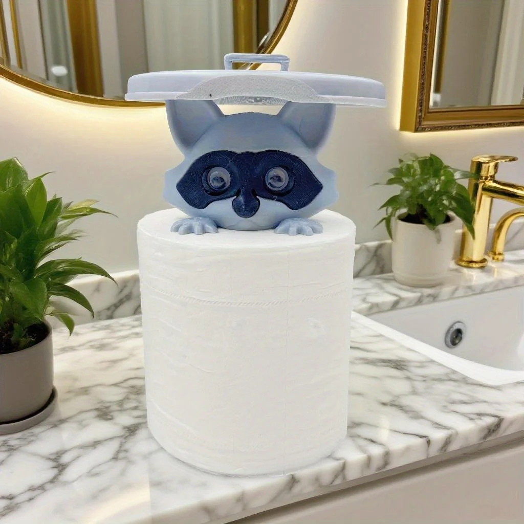 Cute 3D printed raccoon toilet paper holder, playful self-service bathroom decoration, home decor, raccoon roll paper