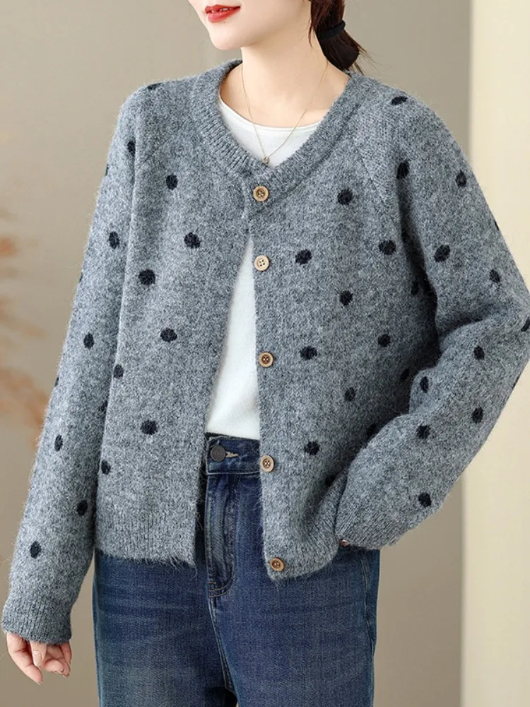 

Ретро-кардиган в корейском стиле с узором в горошек, вязаный, свободный, женский, модный, теплый, с круглым вырезом, длинный рукав