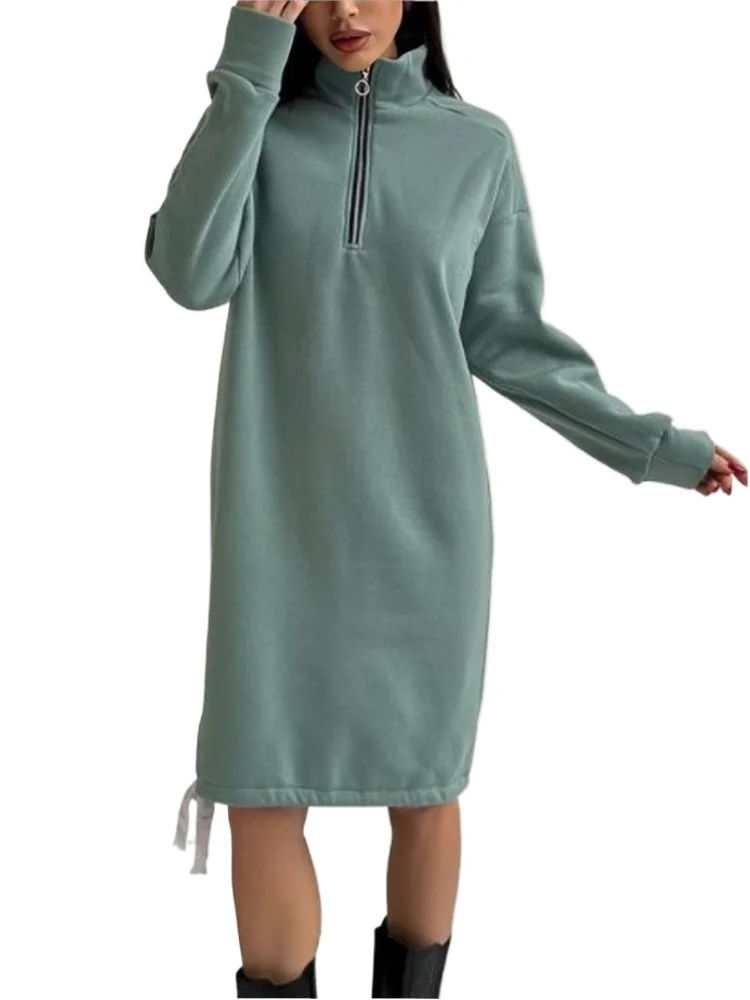 

New Women Turtleneck Half Zipper Sweatshirt Dress Autumn Winter Fashion Elegant Solid Loose Casual Dresses For Women Robe Femme