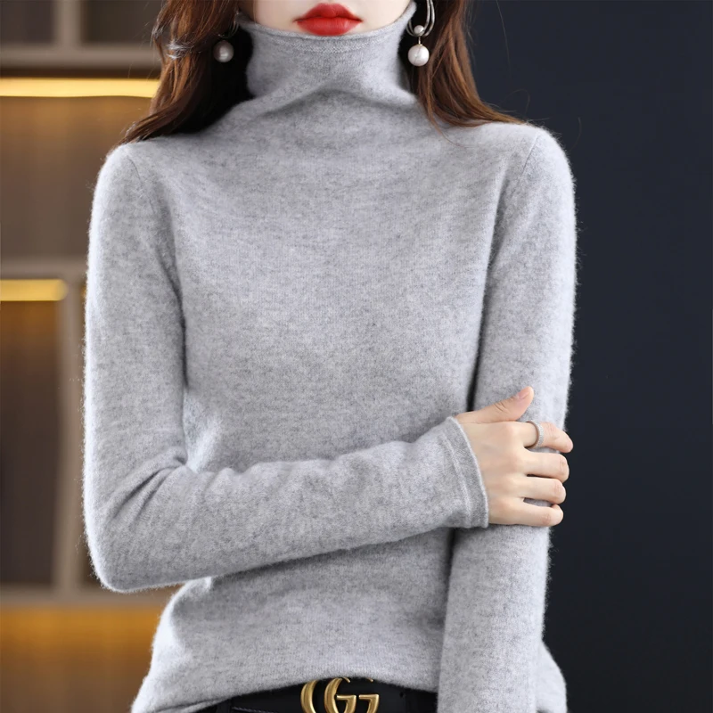 First-line ready-to-wear 100% pure woolen sweater women pile neck in autumn and winter with high-necked loose-fitting cashmere b