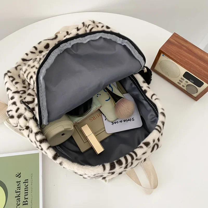 Mochila escolar con estampado de leopardo Para Mujer, bolso de piel sintética suave, bolsos de viaje, Mochilas de felpa Para estudiantes