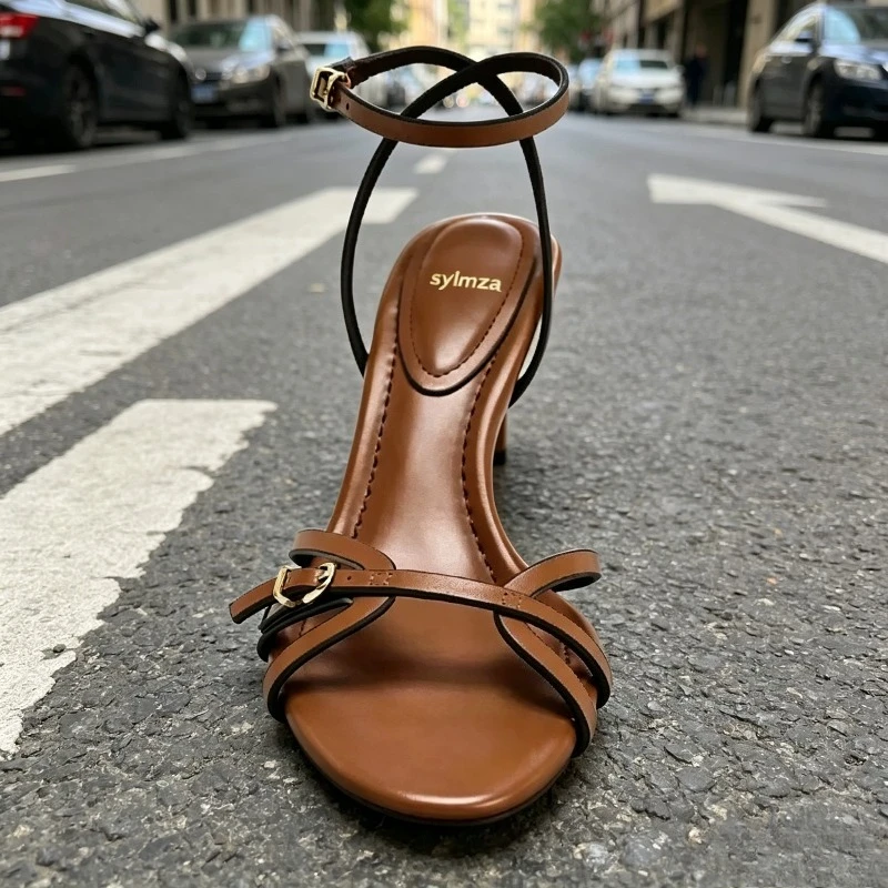 Unique Narrow Band Heeled Gladiator Sandals Women Brown Fashion Ankle-Strap High Heels for Ladies Sexy Open-Toe Designer Shoes