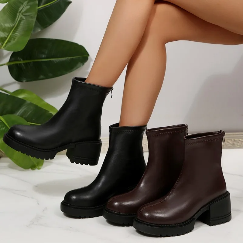 

Fashion Thick Heels Ankle Boots Women 2026 Back Zipper Plus Size 35-42 Pu Leather Boots Woman Round Toe Platform Booties Mujer