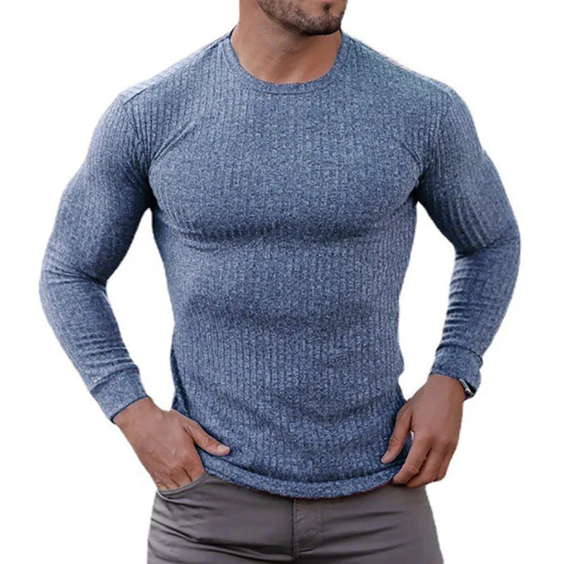 قميص رجالي من Autuman بلون سادة كاجوال قابل للتمدد بقصة ضيقة للياقة البدنية وكمال الأجسام والتمارين الرياضية بلوفر محبوك #4