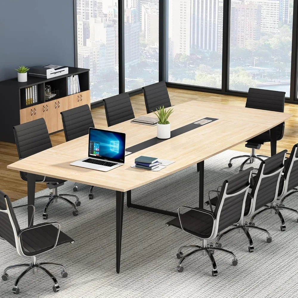 

8FT Conference Table, 94.48L x 47.24W x 29.52H Inches Large Boat Shaped Meeting Seminar Table with Cable Grommets, Modern Confe