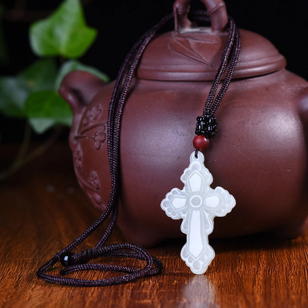 Genuine China Nephrite Stone White Jade Christ Cross Pendant Necklace Women Finejewelry Certified Hetian Jade Lucky Charm Amulet view 4