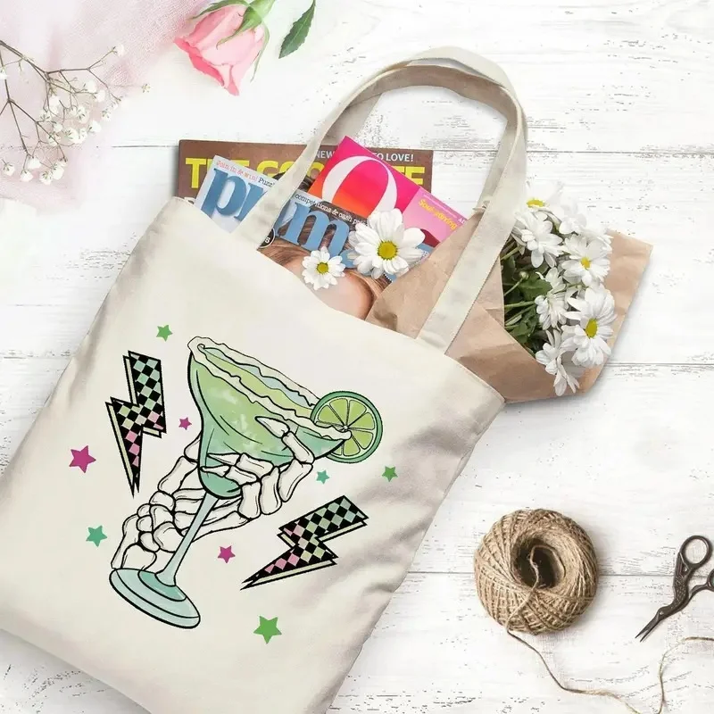 

Skeleton Hand Cocktail Canvas Tote Bag Retro Party Print Shoulder Bag Reusable Eco Friendly Tote for Bar