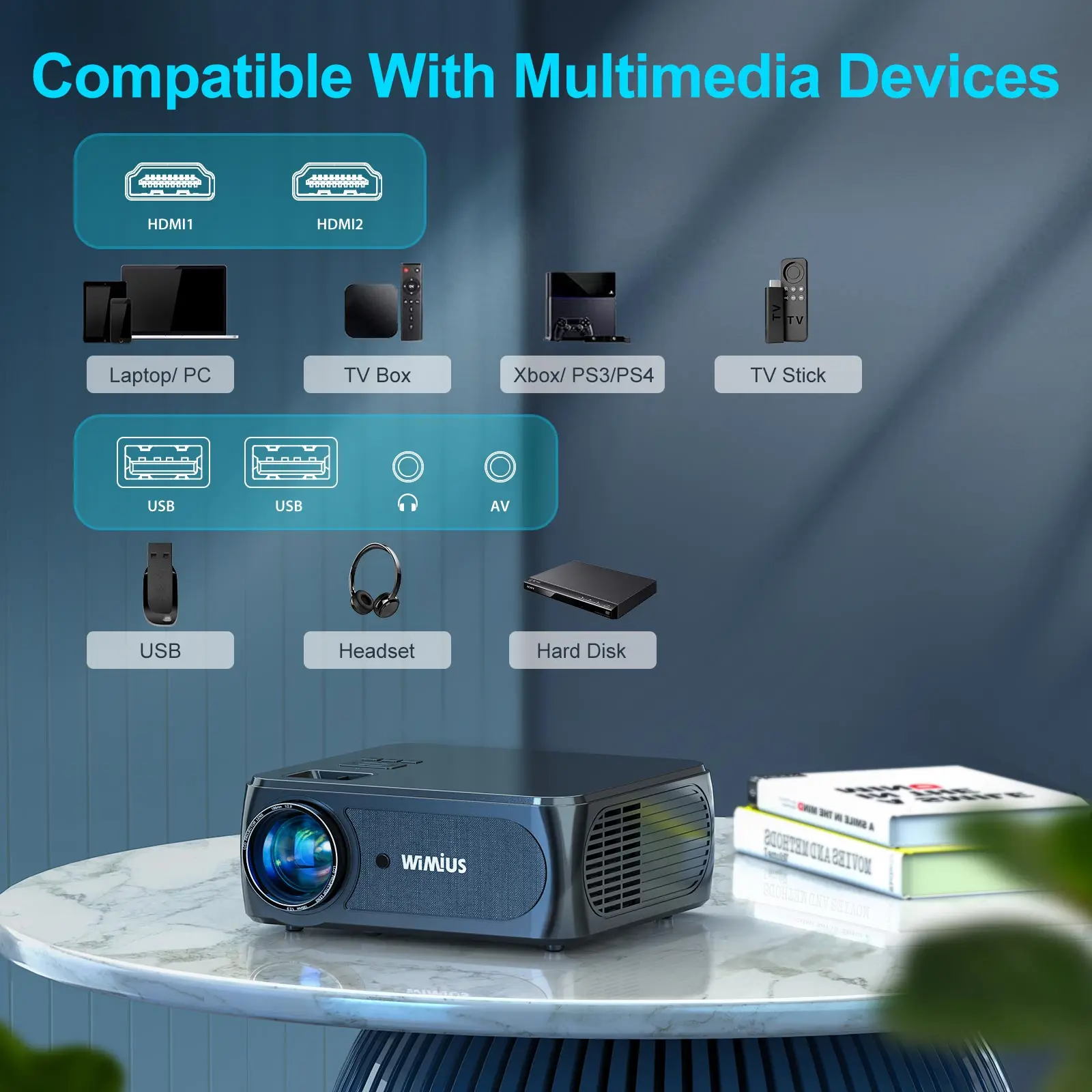 WIMIUS K8 500ANSI Full HD 1080P Projetor 4K 5G WiFi Bluetooth 15000 Contraste 4P/4D Keystone Projetor de vídeo Home Cinema