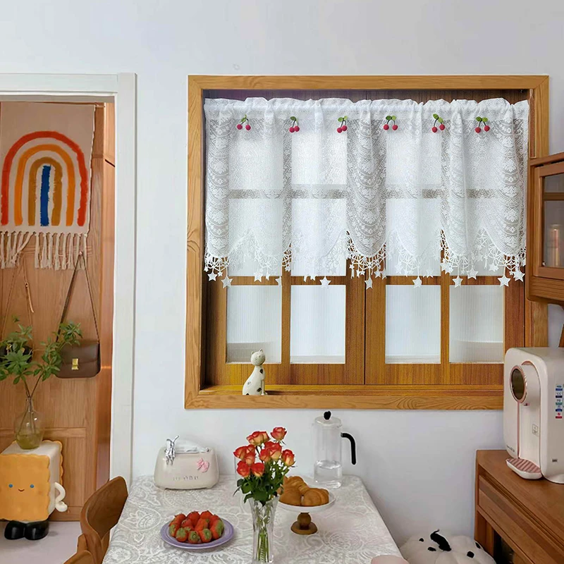 Kitchen Curtains Are Beautiful French Countryside Tulle With Cherry Star Pendant And Special Design Of Lace White Short curtain