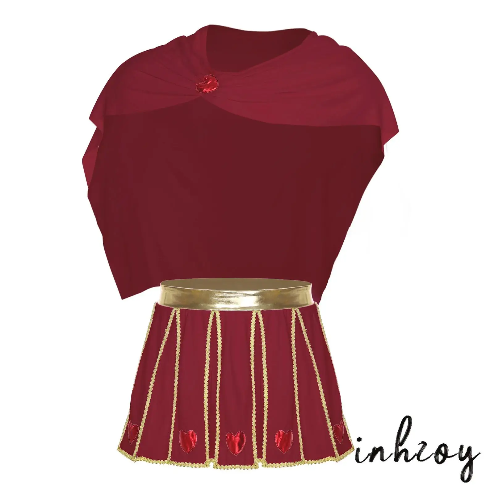 

Mens Regal Eros Attire Gold-Accented Pleated Skirt Stretch Heart Embroidery Ruched Capelet God of Love Halloween Theme Party