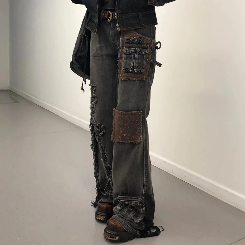 

PBAP Big Size Corduroy Patchwork Cargo Jeans for Women Multi-pocket Low Waist Destroyed Vintage Denim Pants Grunge Y2k Clothes