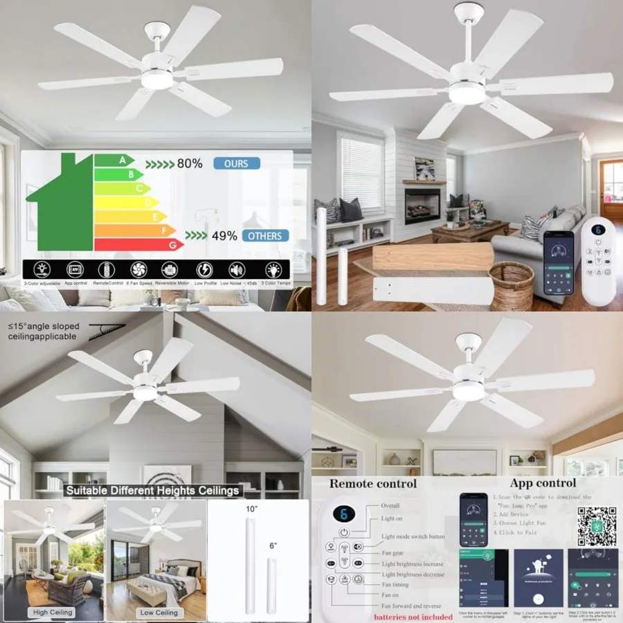 Modern White Ceiling Fans with Lights and Remote/App Control, Dimmable LED, Reversible DC Motor, Noiseless, 6 Double-Side Blade