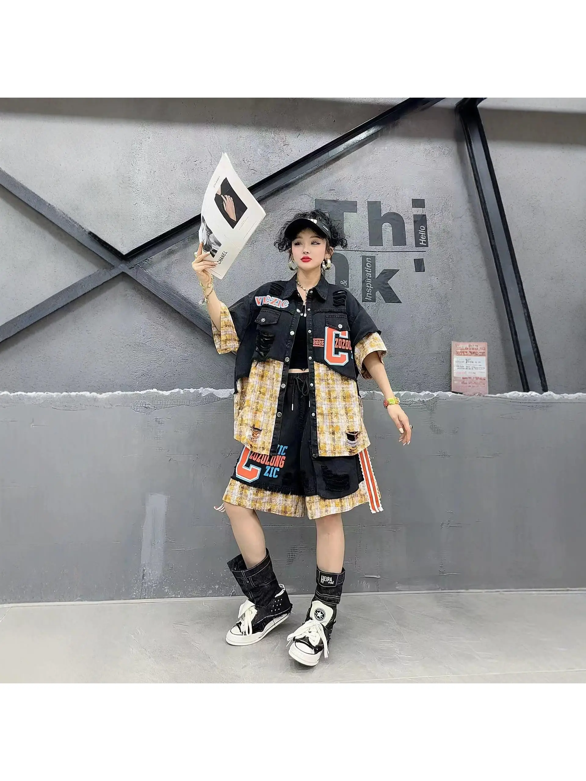 

Casual Denim Patchwork Letter Print Shorts Set Women's Summer New Style Two-Piece Suit European Goods Leisure Ensemble