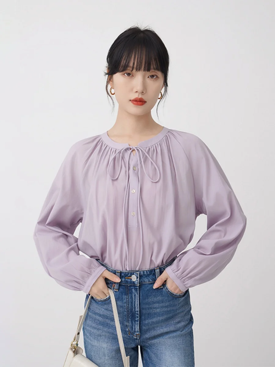 

Ele Purple irt Women's Bubble Sve Single Layered Inner Wear Knot Tie Top Commute Sle round Ne Button D...