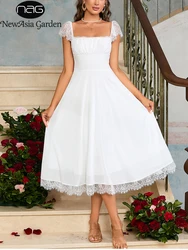 NewAsia Lace Square Neck Chiffon Midi Dress Backless Tie Up A-line Fashion Casual Beach Long Dresses New Arrival White