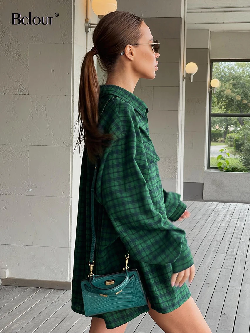 Bclout Casual Green Plaids Loose Blouses For Women 2024 Winter Vintage Long Sleeve Party Shirts Flannel Elegant Office Lady Tops