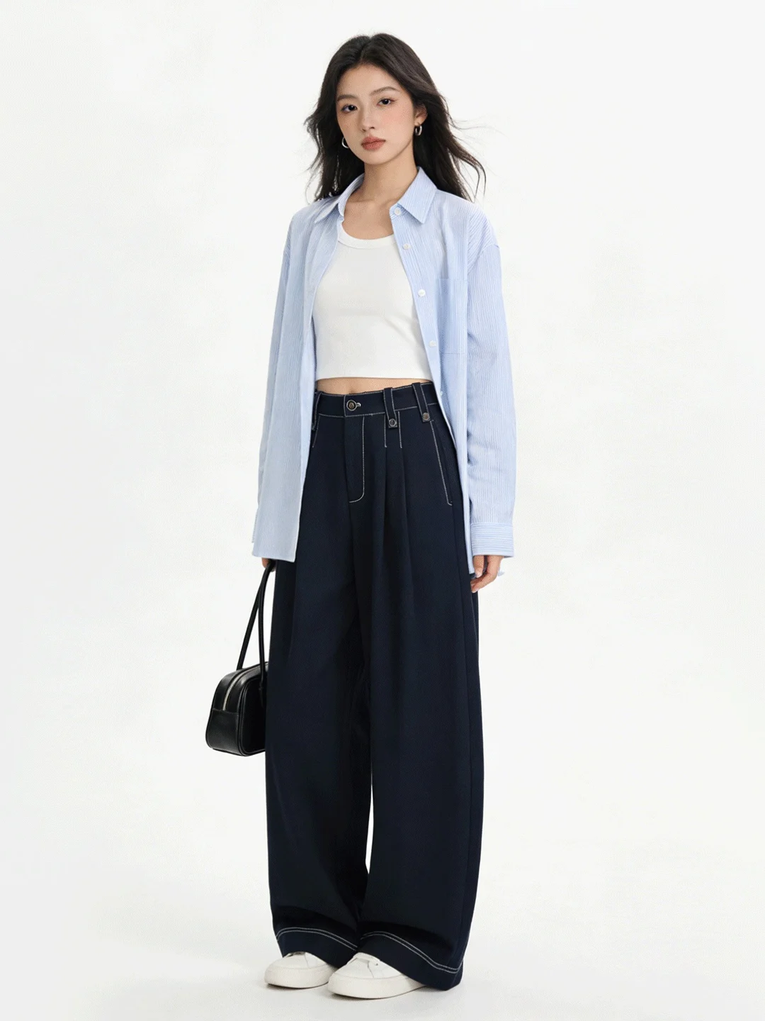 

Retro Korean Sle Loose Wide Leg Denim Jeans Soft Casual Loose Women's Faded Blue High Waist ket Detail Spring New
