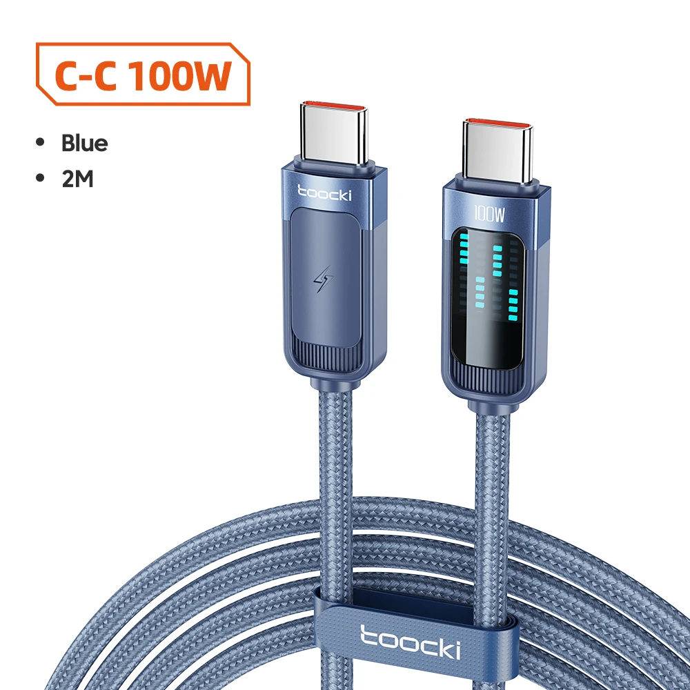 Toocki PD100W USB-C naar USB-C kabel, PD 3.1, digitaal display, snellaadkabel voor Macbook Pro, Xiaomi, Samsung laptop, USB-C kabel, 1M/2M