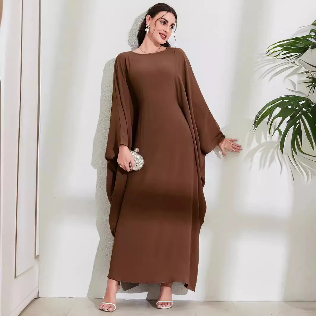 

Muslim 2025 Middle East New Fashion Women's Solid Color Casual Trendy Loose Batwing Sleeve O-neck Ankle Length Dresses Female