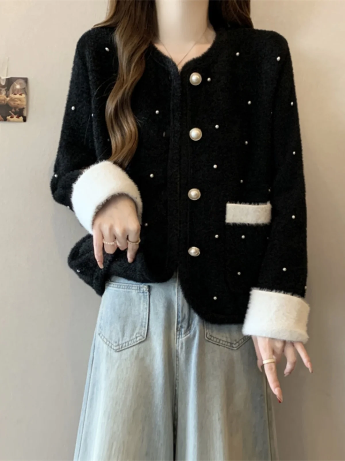 

Кардиган из смесовой шерсти с искусственным норковым велюром для полных женщин, осенне-зимний, блестящий, шикарный, в корейском стиле, свободного кроя