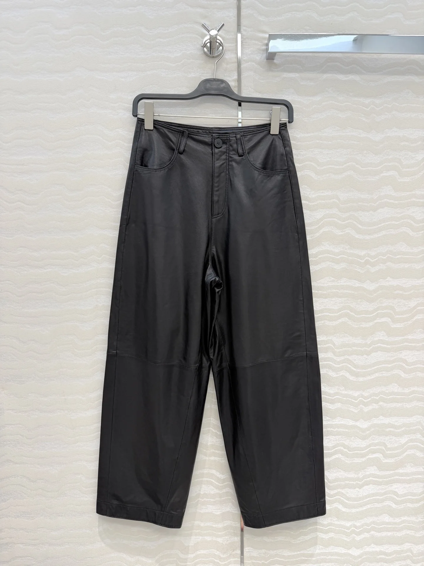 Women 100% Lambskin Curved Wide Leg Pants, High Waist Relax Fit, Slim Versatile, 2026 Early Fall New Arrival