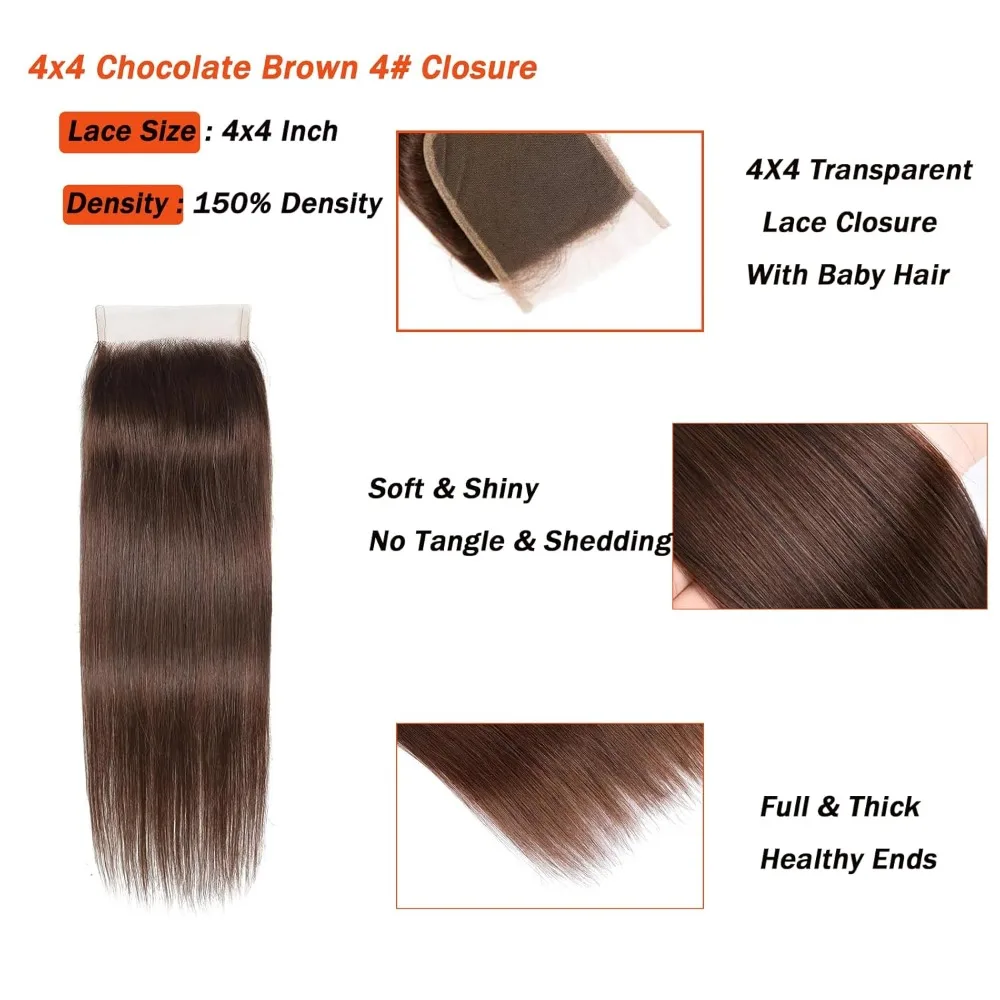 Bruine sluiting 4x4 vrije deel chocoladebruin # 4 kleuren rechte golfsluiting 100% human hair extensions vooraf geplukt remy 150%