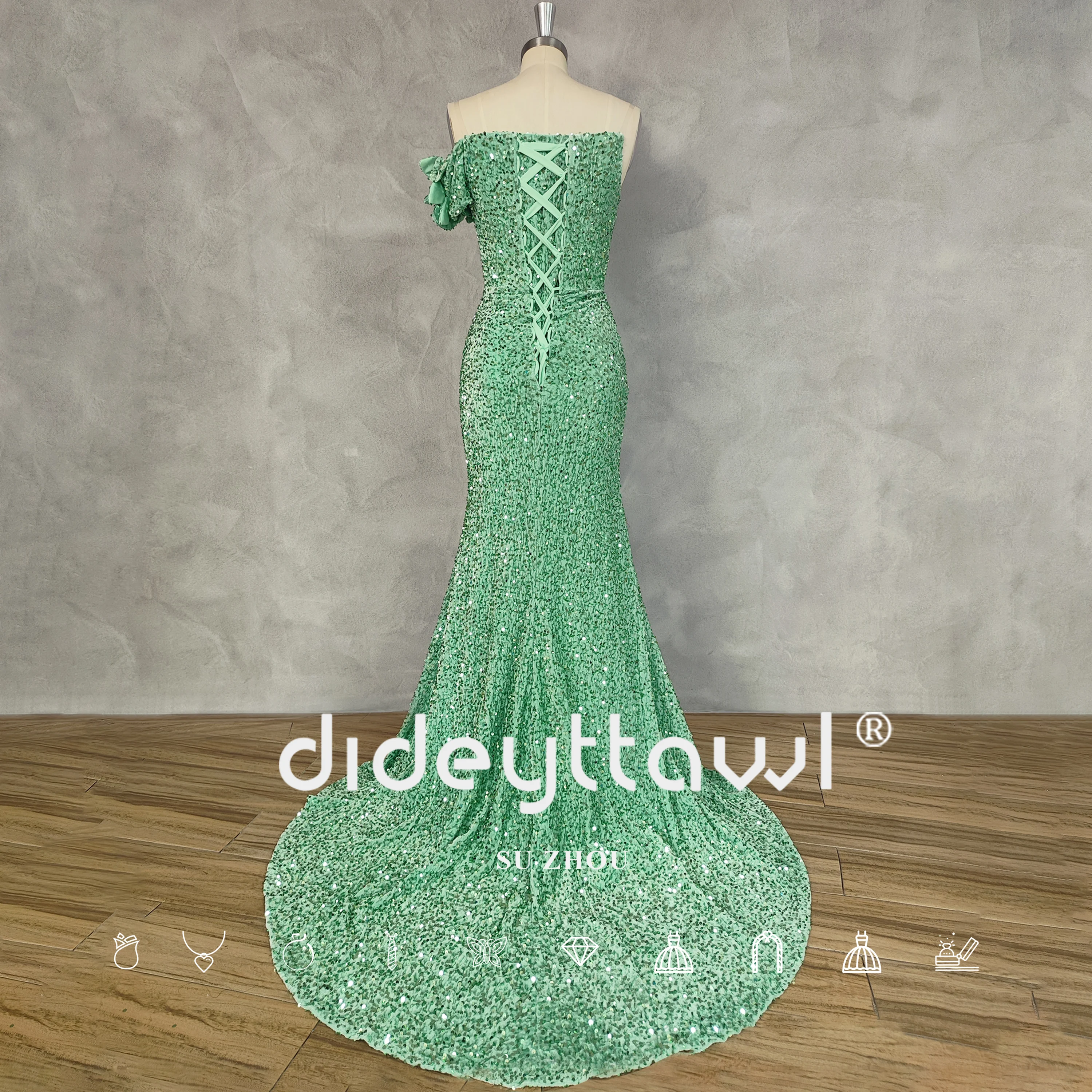 DIDEYTTAWL Real Photos V-Neck One-shoulder Sequins Prom Dress Lace Up Back Mermaid Floor Length Evening Gown Custom Made