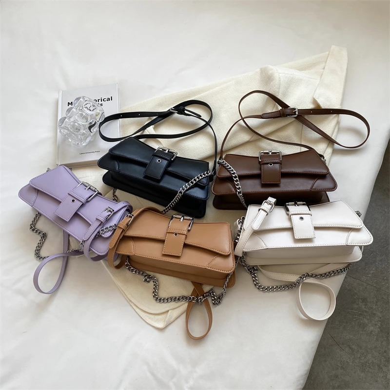 Solid color Chain Shoulder Bag for Women Small PU Leather Handbags 2023 Vintage Luxury Brand Lady Crossbody Bag Coffee Black