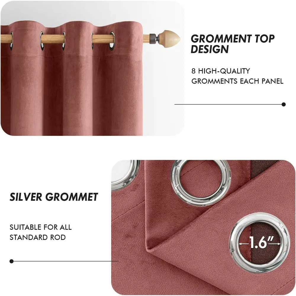 Cortinas de terciopelo rosa polvoriento con aislamiento térmico, 108 largas, opacas y insonorizadas, parte superior con ojales, juego de 2 para dormitorios y salas de estar