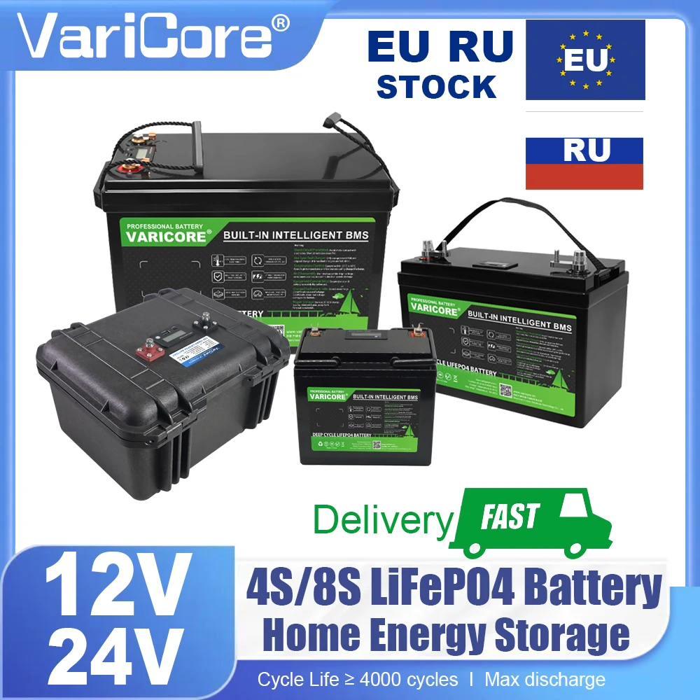 12V 24V 100Ah 340Ah 200Ah 180AH LiFePO4 Batteria 12.8V 4s 8s Batterie Al Litio Per Camper Golf Cart Fuoristrada Solar 14.6V caricatore