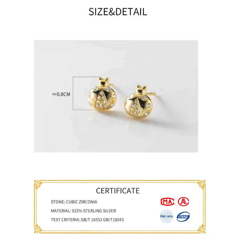 INZATT Real 925 Sterling Silver Zircon CZ 18K Ladybug Stud Earrings For Women Party Cute Fine Jewelry Insect Accessories