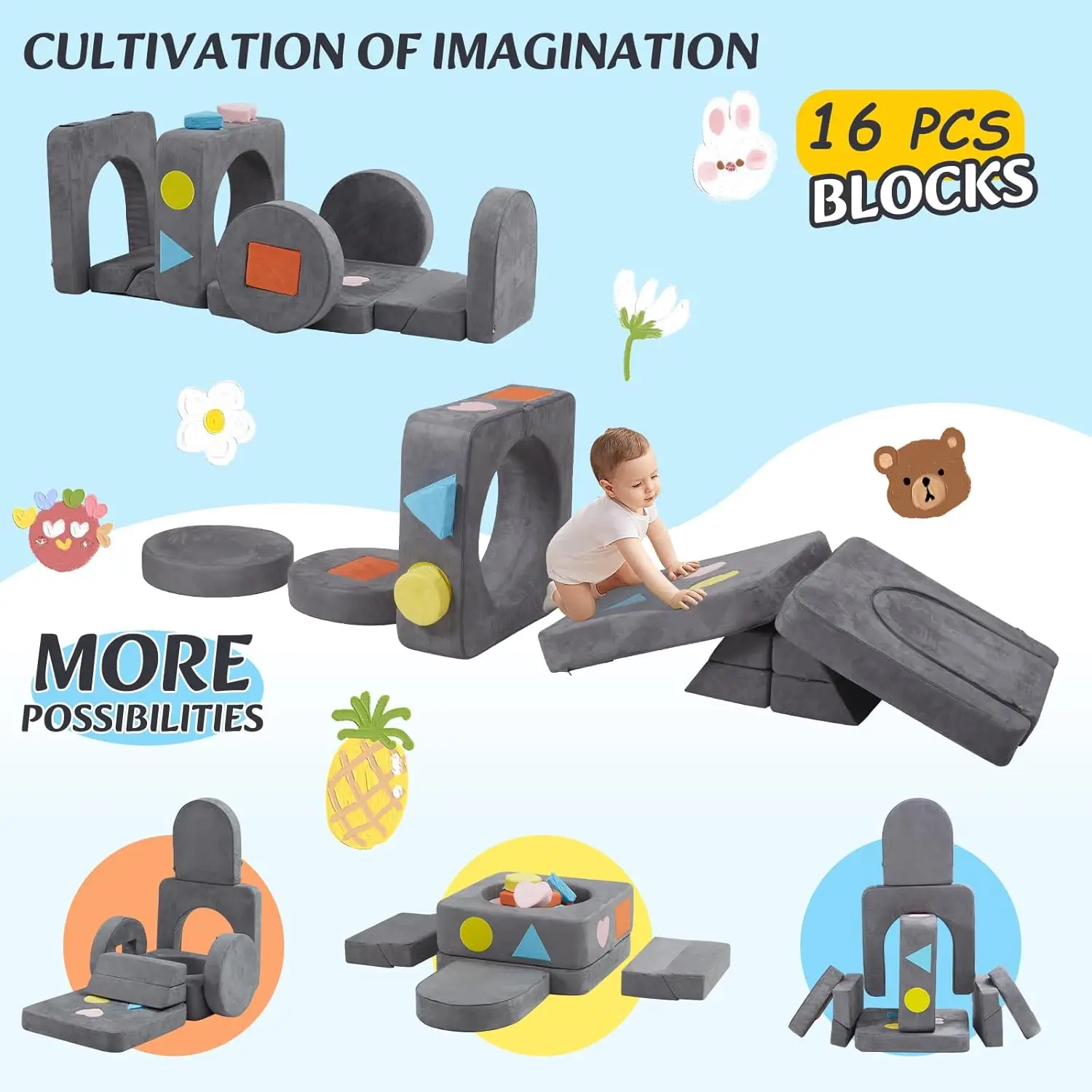 Modular Kids Play Couch, Versatile Kid Toddler Couch Enhances Cognition, Child Sectional Sofa Freely Removable, Convertible Ball