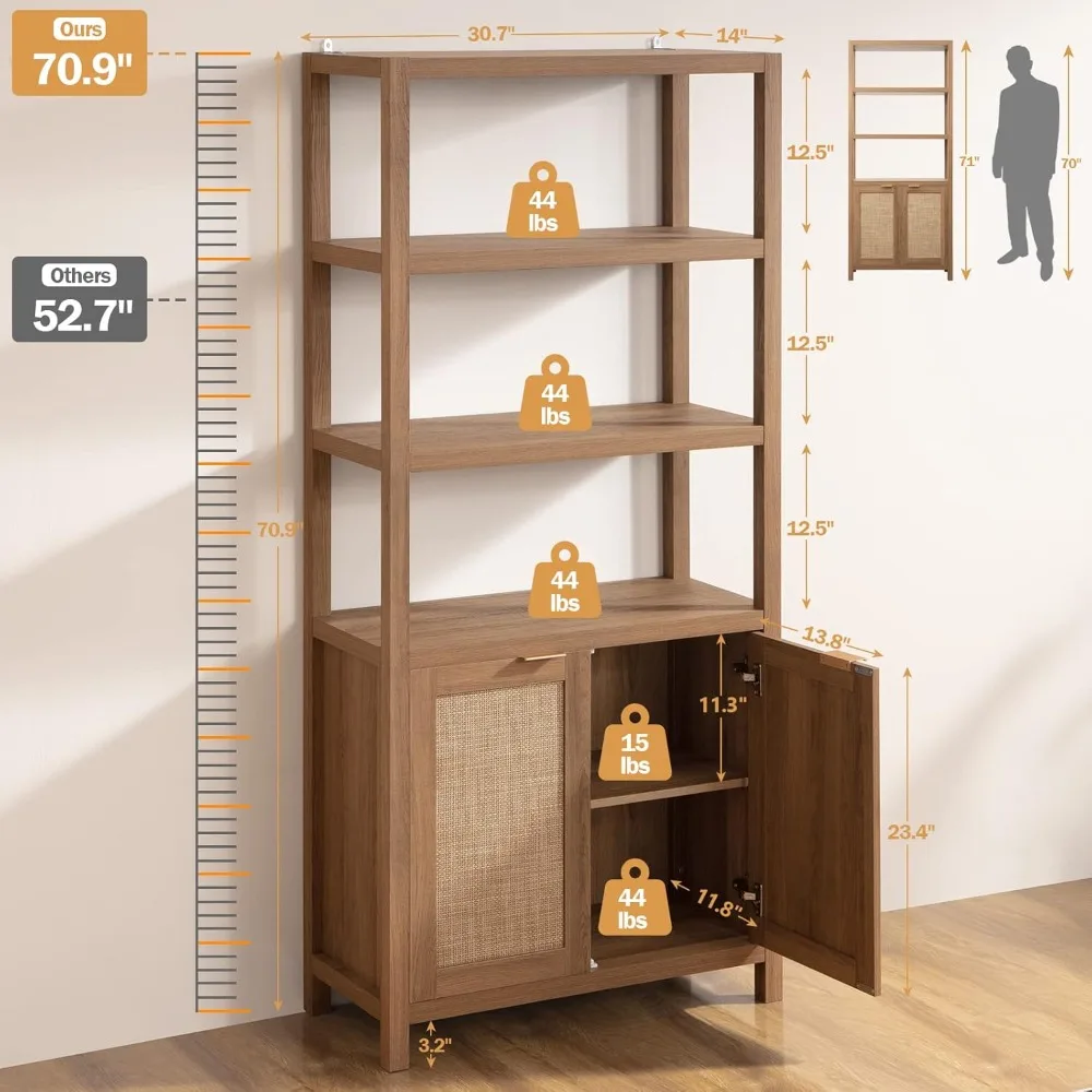 Bookshelf 5 Tier Rattan Boho Tall with Doors Storage Wood Shelves, Sturdy and Durable, Safe, Easy To Assemble, Bookcase