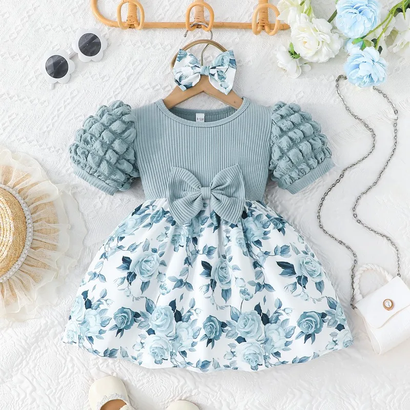 

Милое платье для детей от 6 до 36 месяцев, милый платок с короткими рукавами и бантом, цветочный платок 2026, новые летние платья принцессы для новорожденных девочек