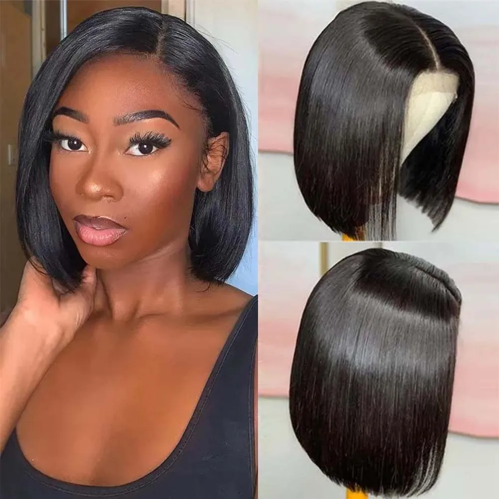 Peruca reta curta para mulheres negras, perucas de cabelo humano brasileiras, perucas frontais de renda transparente, cabelo remy natural, cabelo pré-arrancado, 13x4