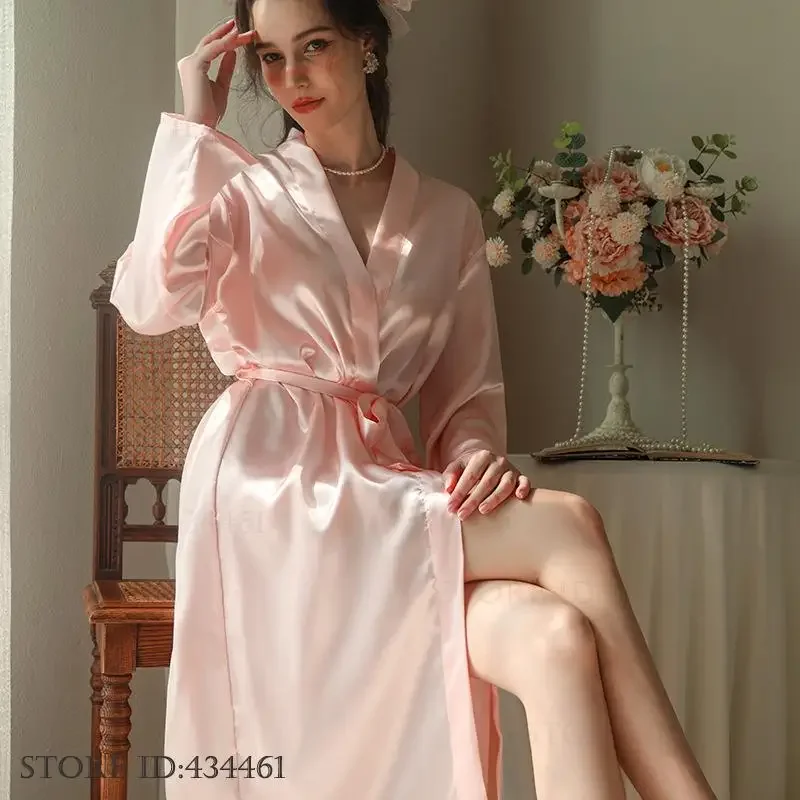 الأبيض الحرير الساتان العروس وصيفه الشرف الزفاف رداء فستان المرأة ملابس خاصة طويلة كيمونو البشكير ثوب مثير فضفاض ملابس المنزل المتسكعون