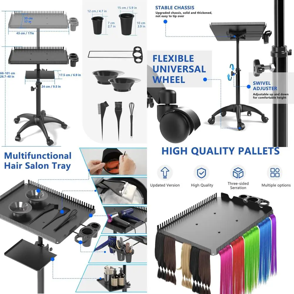 

Professional Stylist Rolling Cart with Storage, Hair Separator Stand, and Color Tray with Dye Bowls and Tools, Black