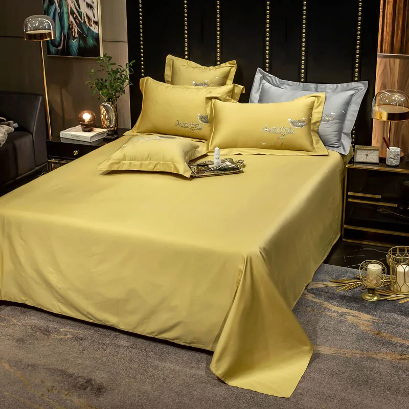 Long-staple Cotton Embroidery Plain Color Four-piece Bed Linen  Four Seasons Universal Light Luxury Style Bedding Peacock Yellow