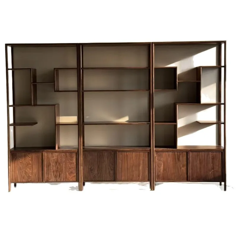 New Chinese solid wood with lamp Bogu shelf, black walnut tea display cabinet, study combination bookshelf locker