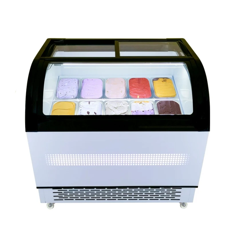 LED Light Horizontal Ice Cream Display Case With Laser Lettering Glass Open Door Refrigerator Cooler Fog Removal Function