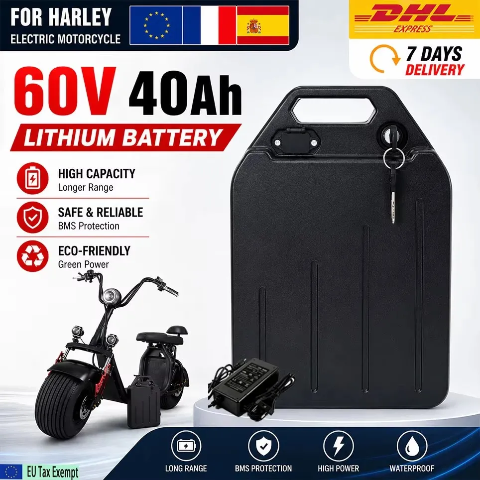 Hochwertiger 60V 10Ah-40Ah wasserdichter Lithium-Akku für Elektromotorräder, geeignet für 500W-3000W Harley Elektro-Faltmotorräder.