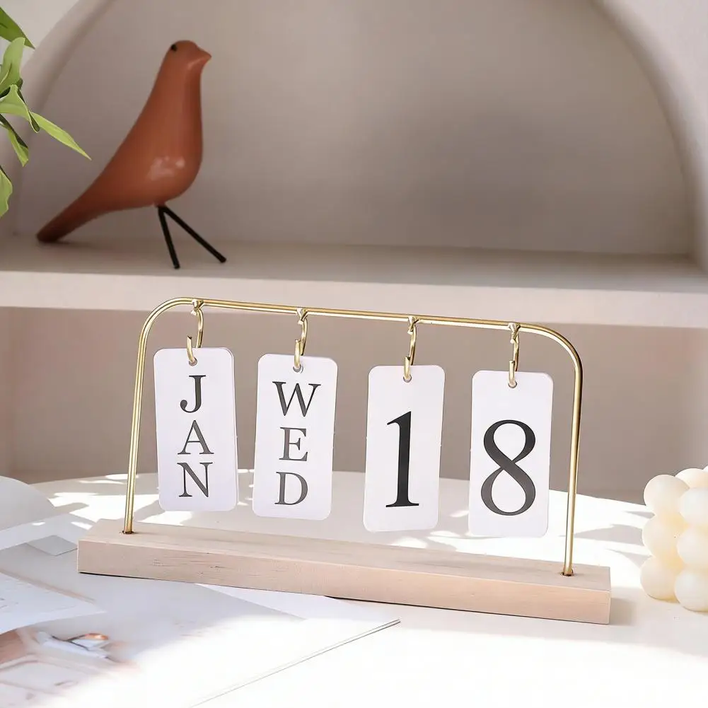 Wooden Desk Calendar Small Desk Calendar Metal Flip Calendar with Wooden Base Perpetual Desk Turn Page Display for Office